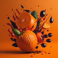 realistic fruit with orange fruit splash and orange background. Generative AI