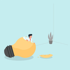 Man get out from inside the lamp. Metaphor of escape from comfort zone.