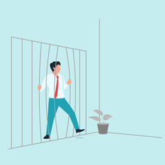 Man try to get out from comfort zone jail. Metaphor of escape from comfort zone.