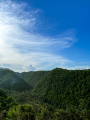 Obraz premium Exotic landscape with palm trees, sky and clouds. Beautiful green valley. Indonesia, Bali, Nusa Penida. 