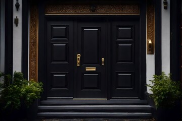 entrance of luxury house with black door and greenery