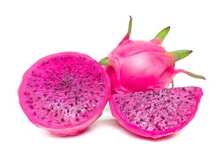 Fresh red or purple dragon fruit species placed on a white background.