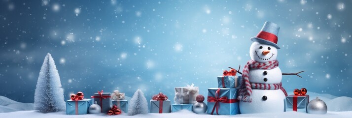 Fototapeta premium Christmas card with snowman and gifts. Generative AI