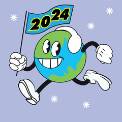 Vintage cartoon mascot of a planet earth running holding a flag with a numbers 2024. New year retro character template.