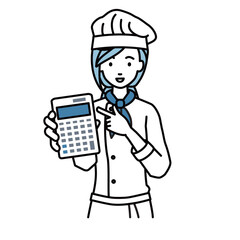 立って電卓を指差してこちらに向けて見せている調理師の女性