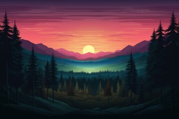 Sunrise over a forest, art. Beautiful illustration picture. Generative AI