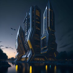 futuristic building skyline illuminated by night lights generated by ai