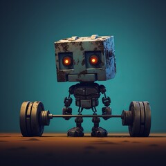Weak and sad robot cant life a barbell. Beautiful illustration picture. Generative AI - obrazy, fototapety, plakaty