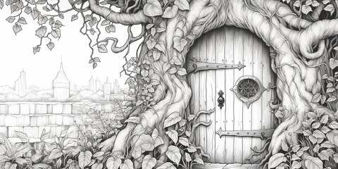 AI Generated. AI Generative. Kids coloring book page with fantasy house home building in tree. Graphic Art