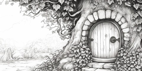 AI Generated. AI Generative. Kids coloring book page with fantasy house home building in tree. Graphic Art