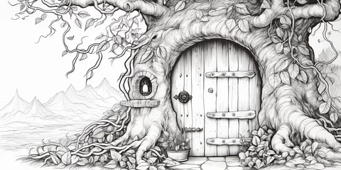 Deurstickers AI Generated. AI Generative. Kids coloring book page with fantasy house home building in tree. Can be used for fun game play education adults or kids © Graphic Warrior