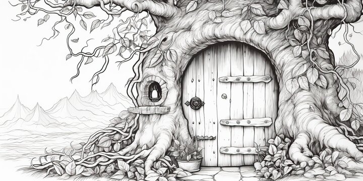 AI Generated. AI Generative. Kids coloring book page with fantasy house home building in tree. Can be used for fun game play education adults or kids