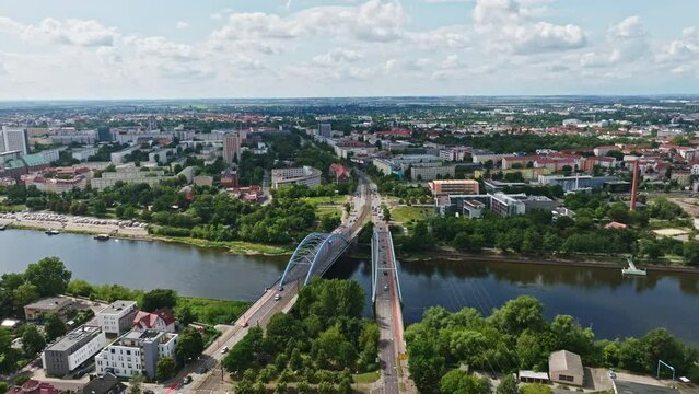 Aerial Drone shot of Jerusalem Bridge over Elbe river in Magdeburg , Saxony-Anhalt , Germany