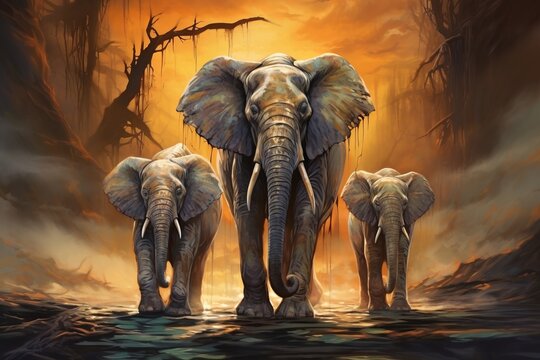 Abstract elephants art. Beautiful illustration picture. Generative AI