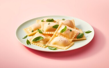 Italian ravioli pasta with cheese, ricotta with herbs, basil, on modern pastel pink marble background, homemade, AI Generated