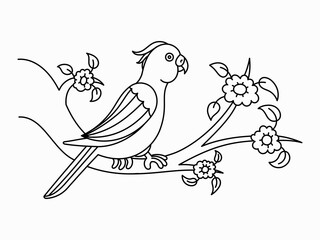 Black and White Parrot on Blossoming Branch - Vector Contour Illustration