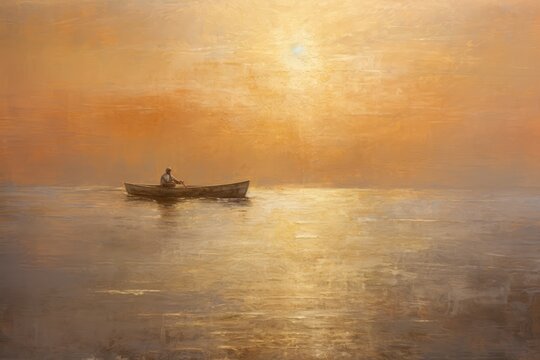 An abstract painting with small boat with human. Beautiful illustration picture. Generative AI