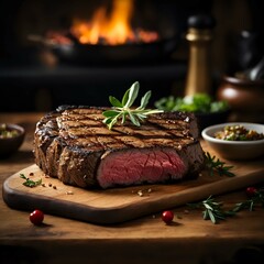 Grilled beef steak on a rustic wooden table. Generative AI