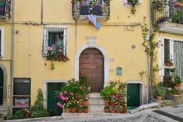 The facade of a house decorated with flowers and plants in Buccino, a medieval village in the province of Salerno, Italy.