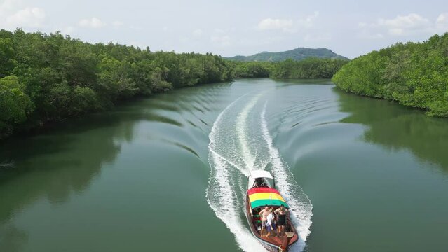 Aerial view group tourists man women travel in longtail boat float river water green surface. Boat trip on traditional rasta asian water transport vessel. Tourism vacation recreation bird swallow