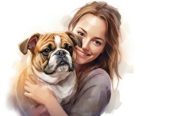 young adult woman holding her dog on white background , AI Generated