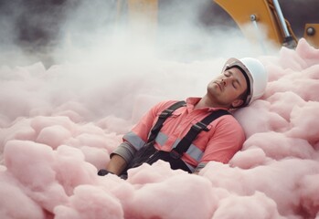 Construction worker sleeping on cotton candy clouds. Labor day funny conceptual background. AI generated image