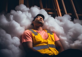Construction worker sleeping on cotton clouds at the construction site. Labor day creative background. AI generated image