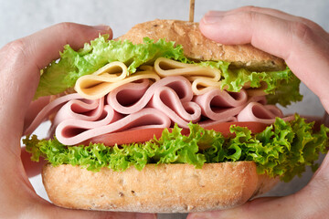 Sandwich. Man holding in his hands tasty sandwich with ham or bacon, cheese, tomatoes, lettuce and grain bread on dark backgrounds. Delicious club sandwich or school lunch, breakfast or snack.