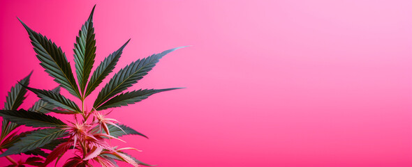 A marijuana plant on a pink background. Bright green cannabis leaves. Copy Space