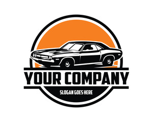odge 70 silhouette challenger. premium vector design. isolated white background view from side. view with evening sky.Best for auto industry logos, badges, emblems. available eps 10. - obrazy, fototapety, plakaty