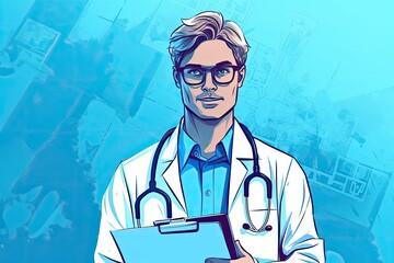 illustration banner of doctor with stethoscope and clipboard on blue background. copy space, ai generative