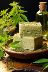 The concept of natural cosmetics. Moisturizing soap with cannabis oil on the background of cannabis leaves and seeds.