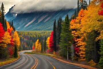 trees are turning colors along a winding road in the mountains