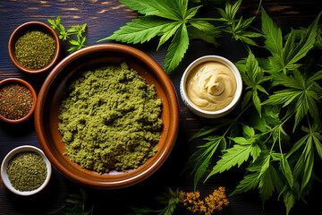 The concept of proper and healthy nutrition. Ground cannabis in the form of seasoning in a clay cup against the background of cannabis leaves and seeds on a wooden table. View from above