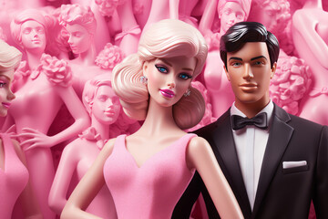 Elegant in evening dresses plastic doll boy and girl on a pink background with a place for text.