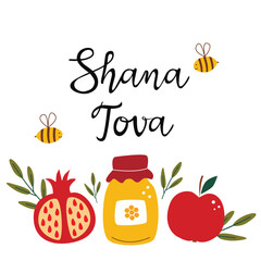 Rosh Hashanah (jewish new year) greeting card design with hand drawing apple, honey and pomegranate. Vector illustration
