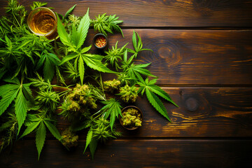 The leaves of the marijuana plant on a wooden background. Top view of cannabis leaves