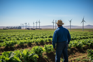Fototapeta premium Generative ai farmer walking in his sustainable cultivation field powered by wind turbine