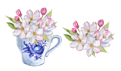 Watercolor compositions with hand-painted elements of an apple tree flower bouquet in a vintage teacup, and an apple tree flower bouquet separately on a transparent background.