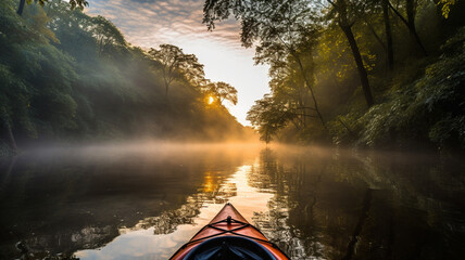 Sailing the kayak at the river in the evening.