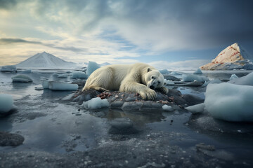 Generative Ai polar bear standing in melting glacier in polar environment