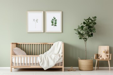 Wooden baby bed in children bedroom, sage green wall with posters.