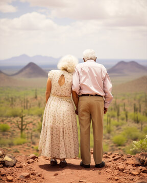 Generative ai backview old couple on holiday vacation watching panorama