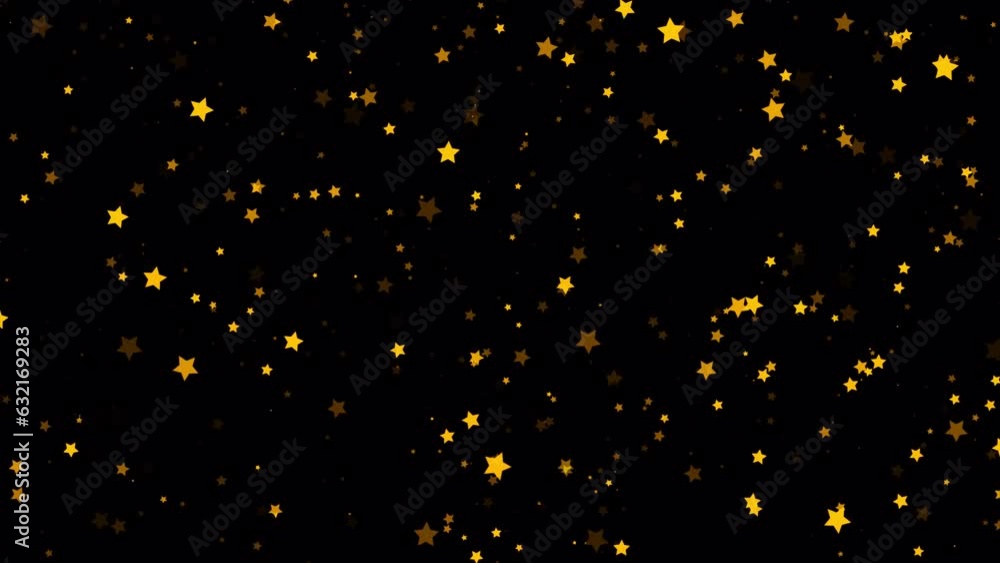 Poster beautiful loop circle falling down glow gold star particles on black abstract background. 4k seamles
