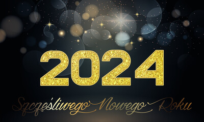 karta lub baner, aby życzyć szczęśliwego nowego roku 2024 w kolorze złotym na czarnym tle z kółkami w efekcie bokeh i gwiazdami