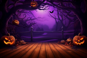 Halloween party background with clouds, bats and pumpkins, spiders web and witch cauldron. Orange and purple color backgrounds. Generative AI