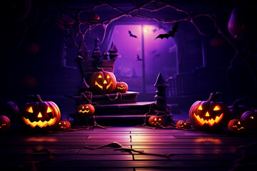 Halloween party background with clouds, bats and pumpkins, spiders web and witch cauldron. Orange and purple color backgrounds. Generative AI