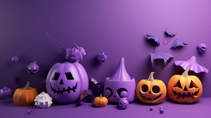 Halloween party background with clouds, bats and pumpkins, spiders web and witch cauldron. Orange and purple color backgrounds. Generative AI