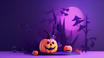 Fototapeta premium Halloween party background with clouds, bats and pumpkins, spiders web and witch cauldron. Orange and purple color backgrounds. Generative AI