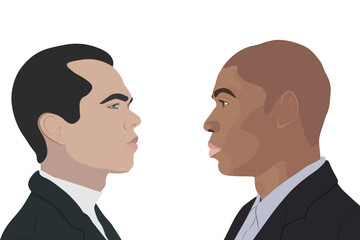 Two people in business suits look at each other. The concept of a confrontation between the parties or an agreement in a case. Businessmen close-up